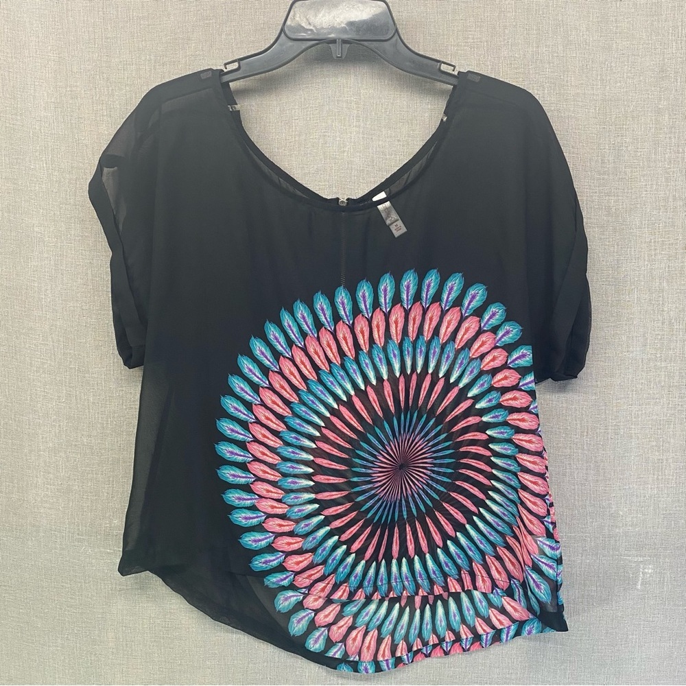 Xhilaration sheer top black pink & blue peacock feather design Size | M